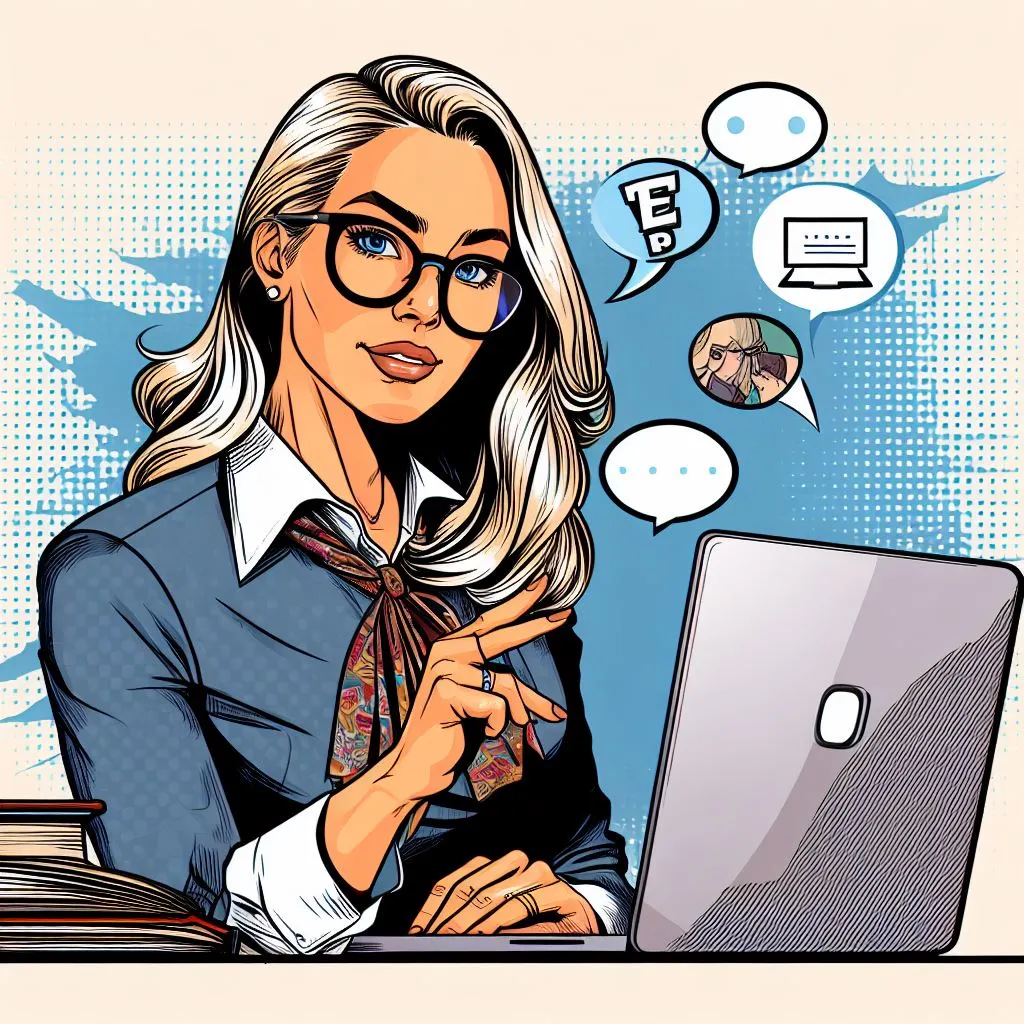 Imagen generada con IA. Profesora impartiendo una clase online. Estilo de cómic.
