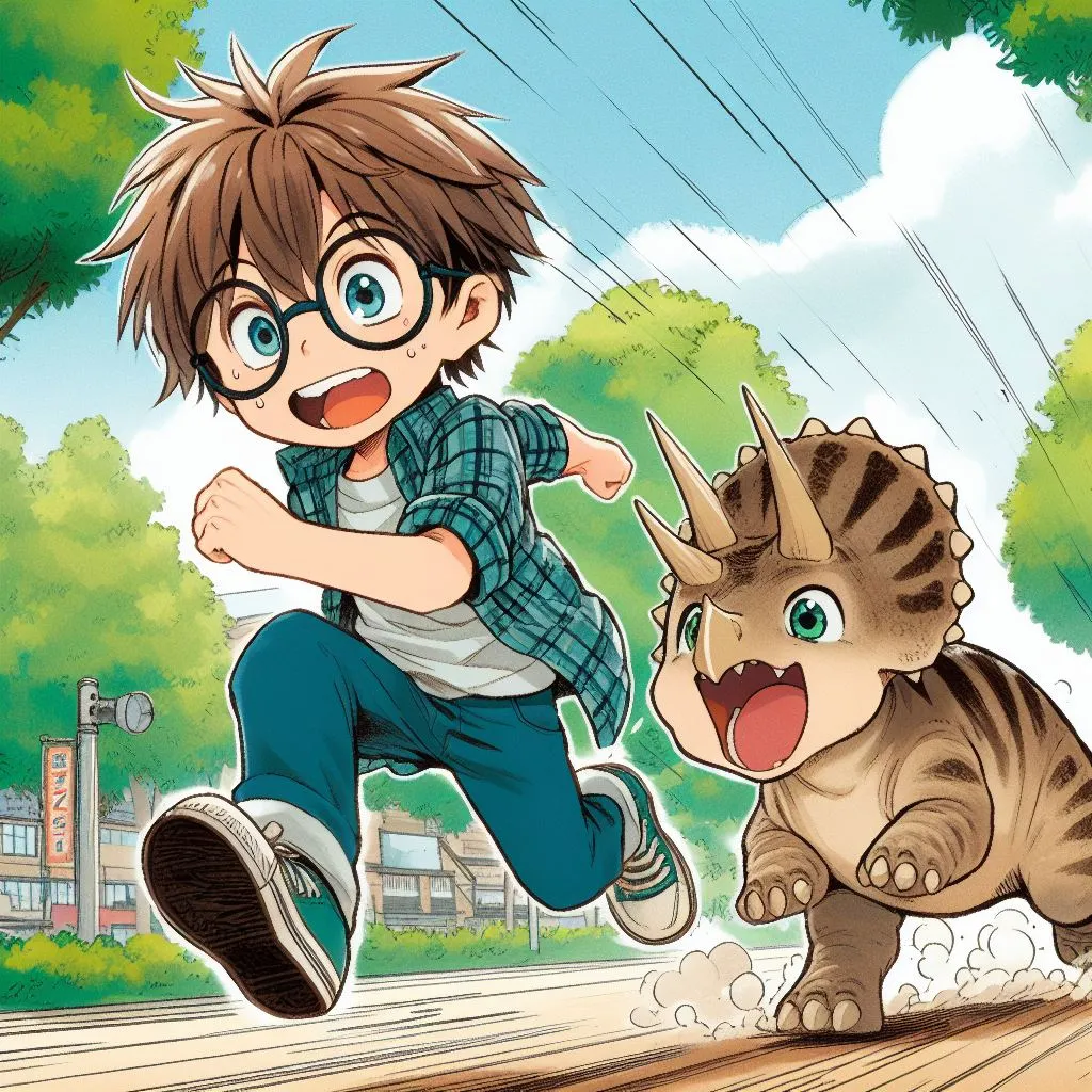 Imagen generada con IA. Un niño de unos 10 años con pelo moreno y corto y con gafas haciendo carreras por el parque con una cría de triceratops del tamaño de un perro; estilo de cómic japonés