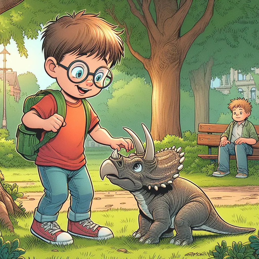 Imagen generada con IA. Un niño de unos 10 años con pelo moreno y corto y con gafas se encuentra en parque una cría de triceratops del tamaño de un perro y se agacha a acariciarlo; estilo de cómic