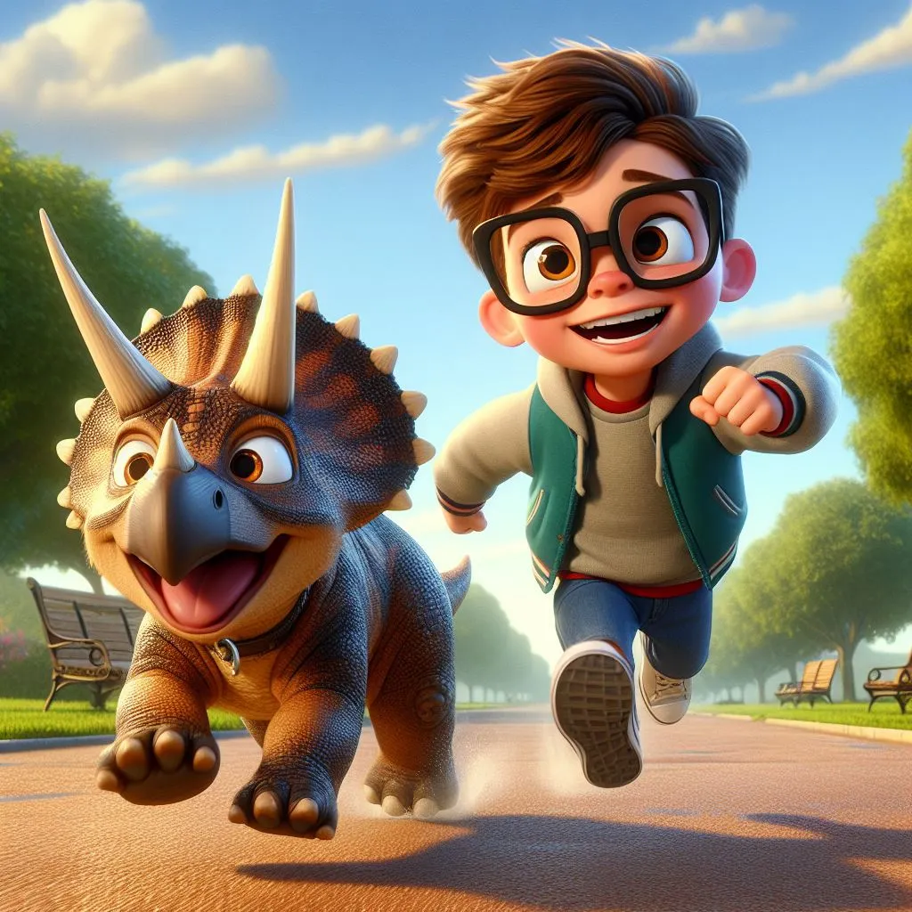 Imagen generada con IA. Un niño de unos 10 años con pelo moreno y corto y con gafas haciendo carreras por el parque con una cría de triceratops del tamaño de un perro; estilo de personajes de animación Disney