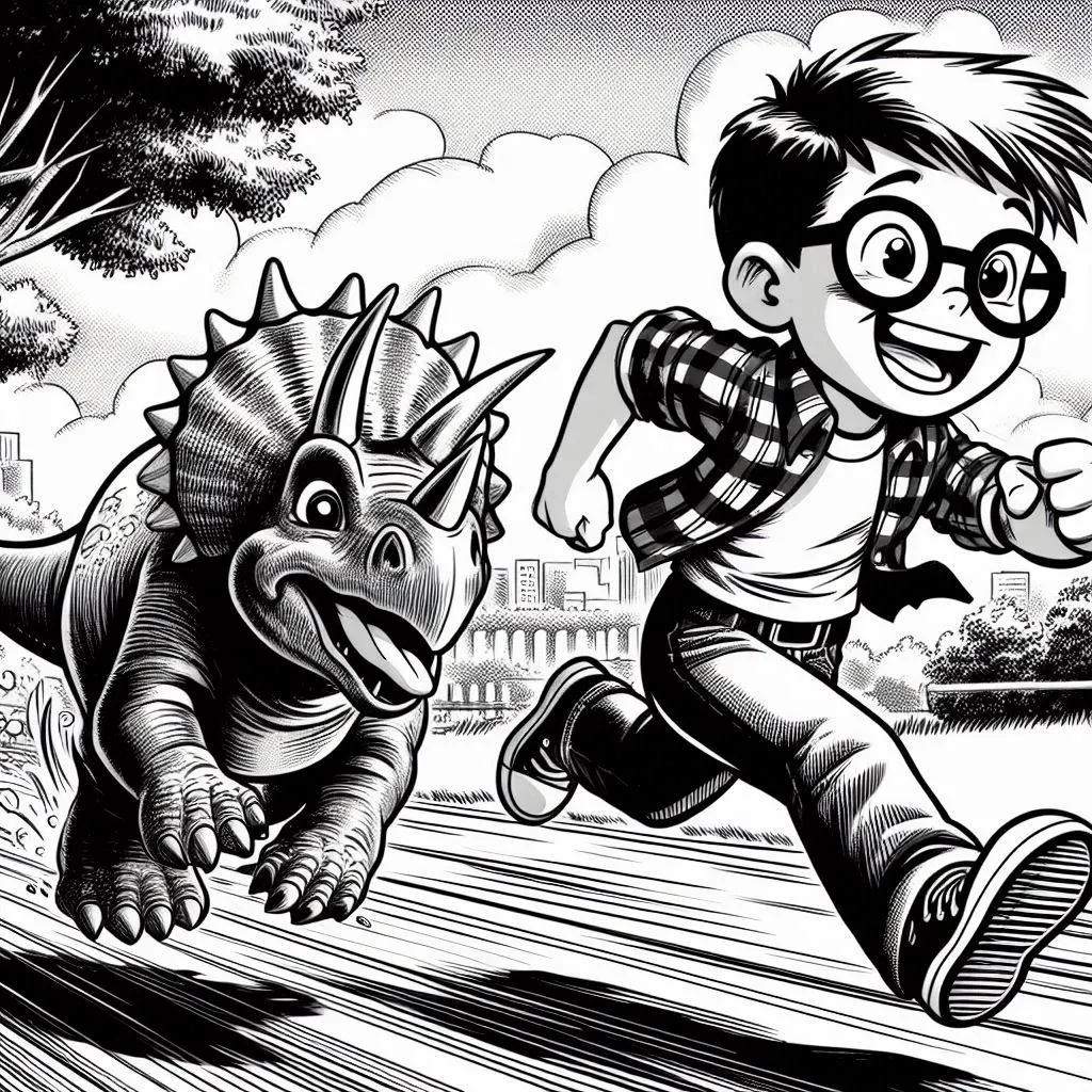 Imagen generada con IA. Un niño de unos 10 años con pelo moreno y corto y con gafas haciendo carreras por el parque con una cría de triceratops del tamaño de un perro; estilo de cómic en blanco y negro