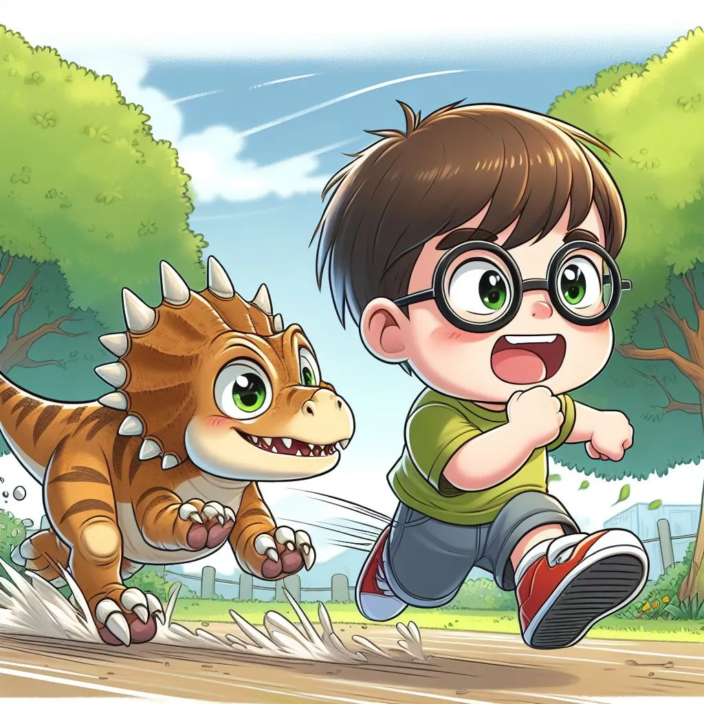 Imagen generada con IA. Un niño de unos 10 años con pelo moreno y corto y con gafas haciendo carreras por el parque con una cría de triceratops del tamaño de un perro; estilo de cómic