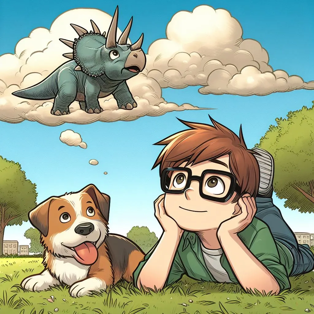 Imagen generada con IA. Un niño de unos 10 años con pelo moreno y corto y con gafas tumbado en la hierba del parque con junto a un perro mientras miran las nubes; una de las nubes parece un dinosaurio; estilo de cómic