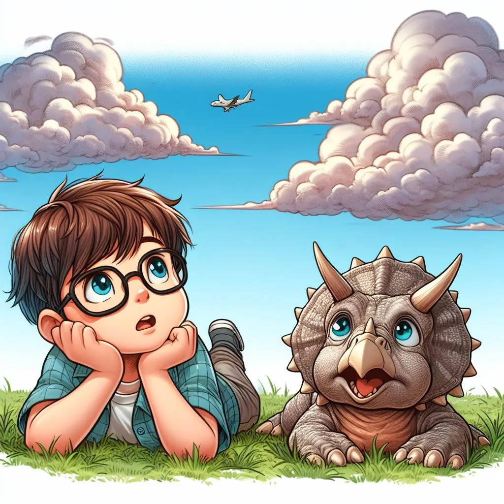 Imagen generada con IA. Un niño de unos 10 años con pelo moreno y corto y con gafas tumbado en la hierba del parque con junto a una cría de triceratops del tamaño de un perro mientras miran las nubes; una de las nubes parece un dinosaurio; estilo de cómic