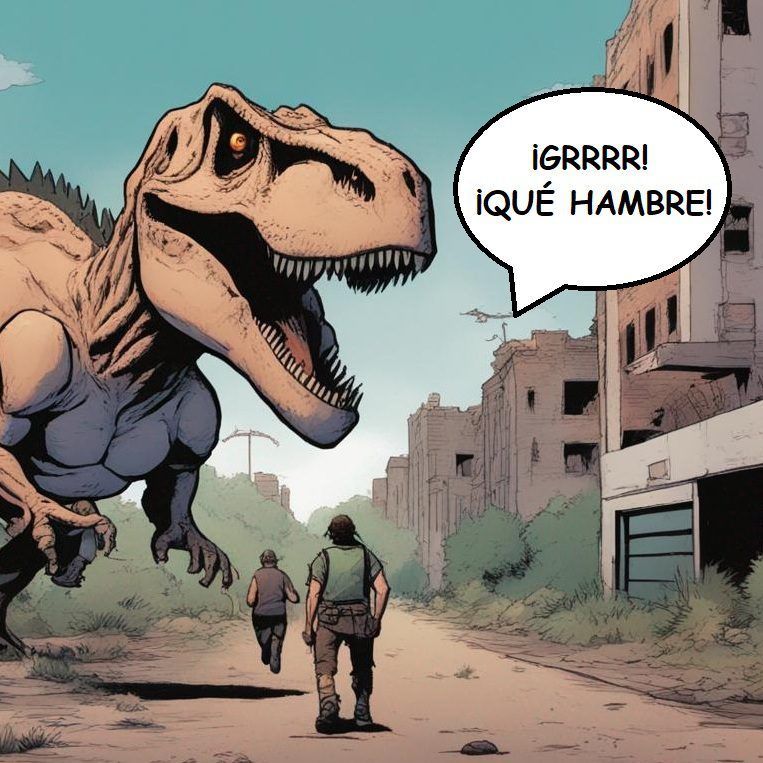 Imagen generada con IA. UN grupo de dinosaurios invadiendo un pueblo medieval. Estilo de cómic.