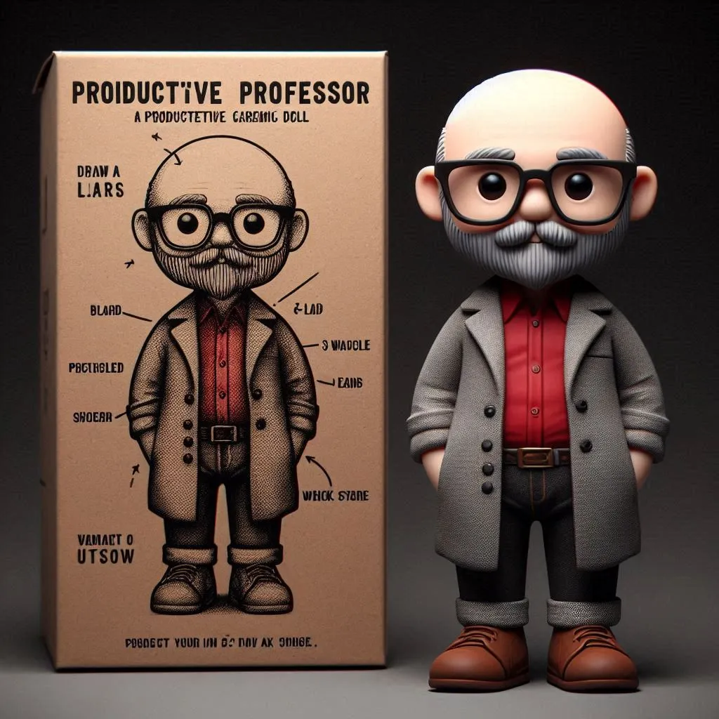 Imagen generada con IA. 3D render de un muñeco del profesor productivo con su caja de venta.