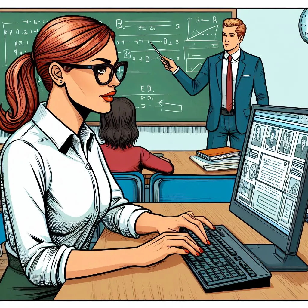 Imagen generada con IA. Profesora trabajando con un portátil en un aula. Estilo cómic.