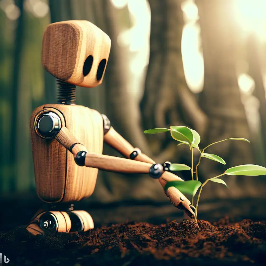 Imagen generada con IA. Robot de madera plantando un árbol en el bosque.