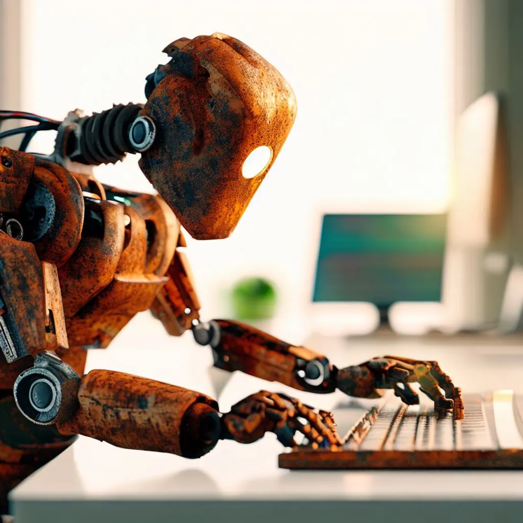Imagen generada con IA. Robot hecho de metal oxidado escribiendo en el teclado de un ordenador