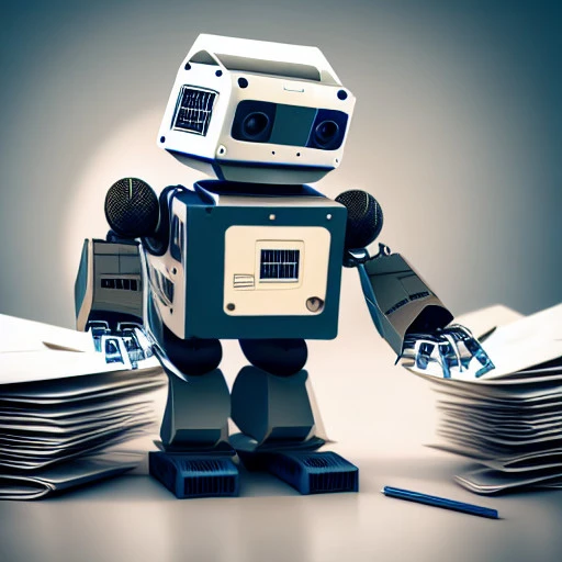 Imagen generada con Inteligencia Artificial. Robot con un montón de papeles en sus manos