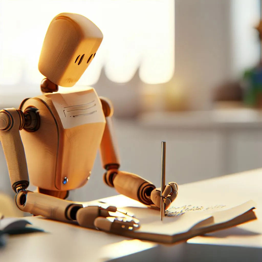 Imagen generada con IA. Robot hecho de de madera escribiendo con un lápiz en un cuaderno
