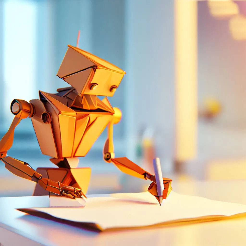 Imagen generada con IA. Robot hecho de papel origami escribiendo con un lápiz en un cuaderno