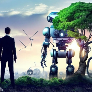 Imagen generada con Inteligencia Artificial. Fotomontaje de un hombre mirando un robot en el bosque