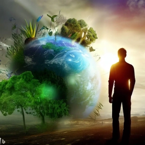 Imagen generada con Inteligencia Artificial. Fotomontaje de un hombre mirando un planeta Tierra en el horizonte