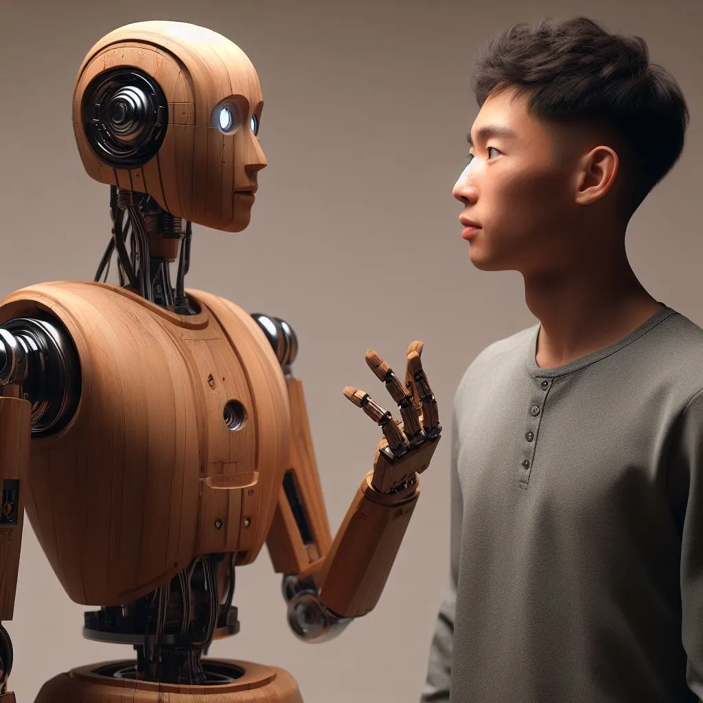 Imagen generada con IA. Un robot hecho de madera charlando con un hombre.