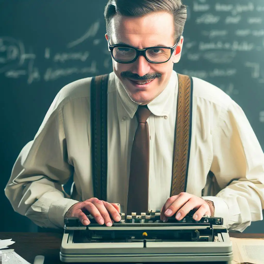 Imagen generada con IA. Profesor escribiendo en el teclado de un ordenador, estilo de fotografía vintage