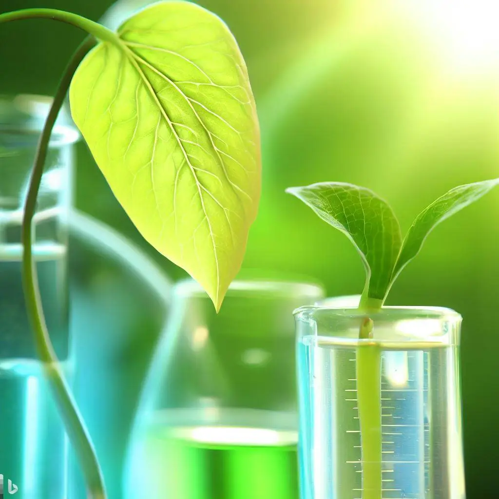 Imagen generada con Inteligencia Artificial. Hojas de planta en un laboratorio.