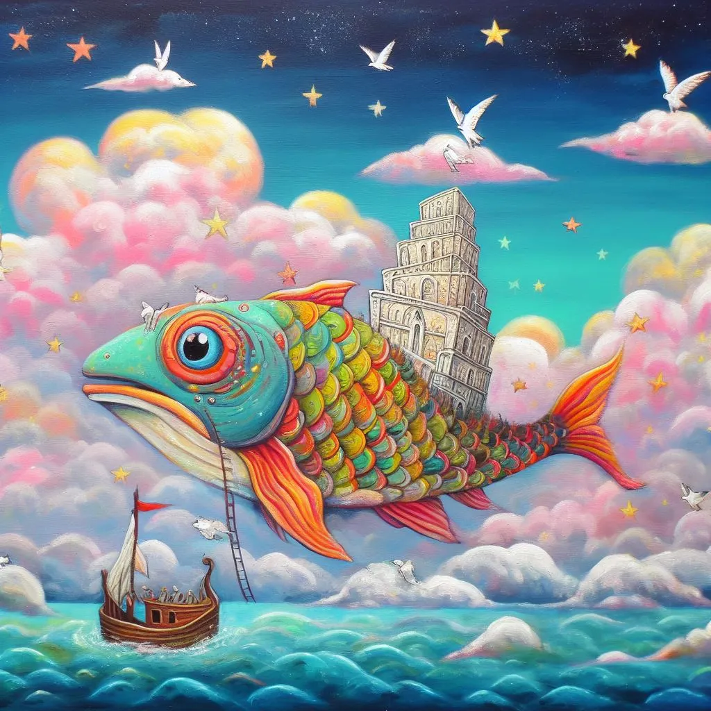 Imagen generada con IA (Bing Chat). El pez de Babel. Un pez multicolor volando por el cielo sobre el mar con una torre en su dorso. Estilo de ilustración de libro.