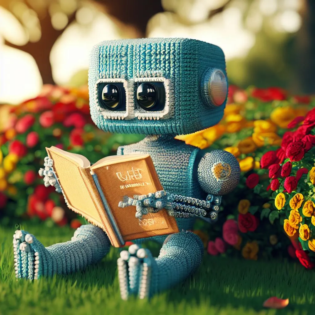 Imagen generada con IA. Robot hecho de crochet leyendo un libro en un parque