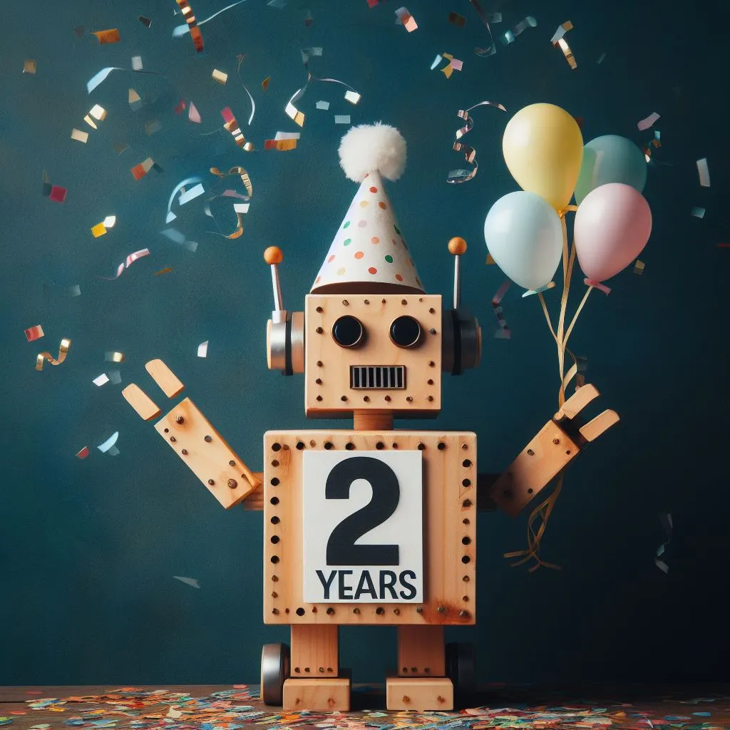 Imagen generada con IA (Bing Chat). Un robot hecho de madera con gorro de cumpleaños y globos de colores.