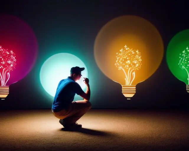 Imagen generada por Inteligencia Artificial. Hombre en cuclillas rodeado por grandes bombillas de colores