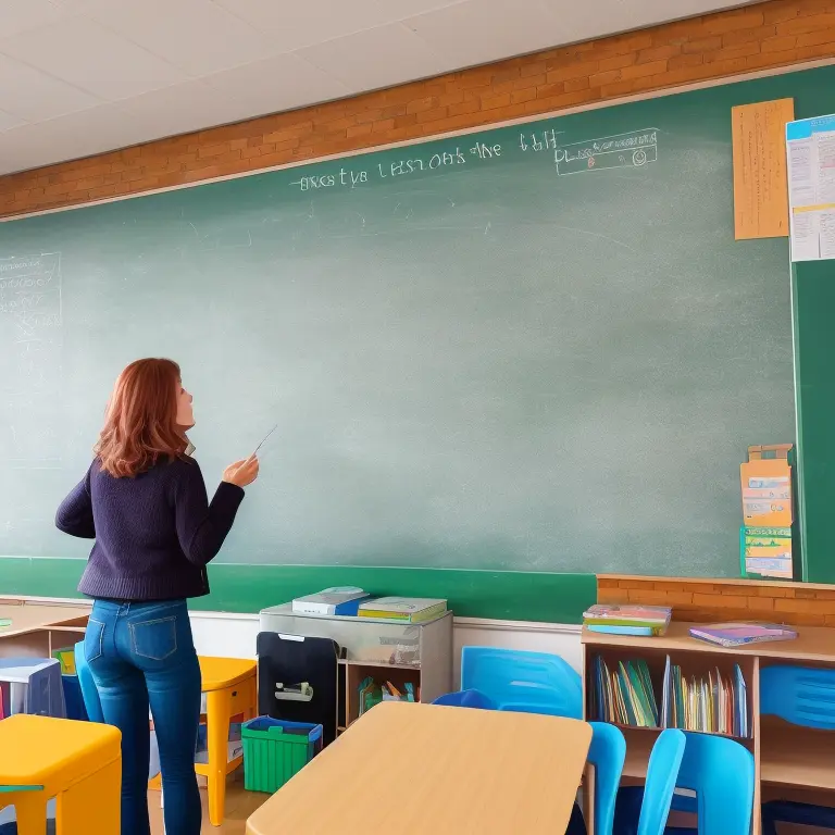 Imagen generada por Inteligencia Artificial. Profesora en un aula delante de la pizarra