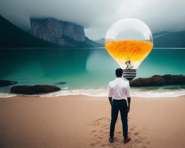 Imagen generada por Inteligencia Artificial. Un hombre en una playa de arena con una gran bombilla