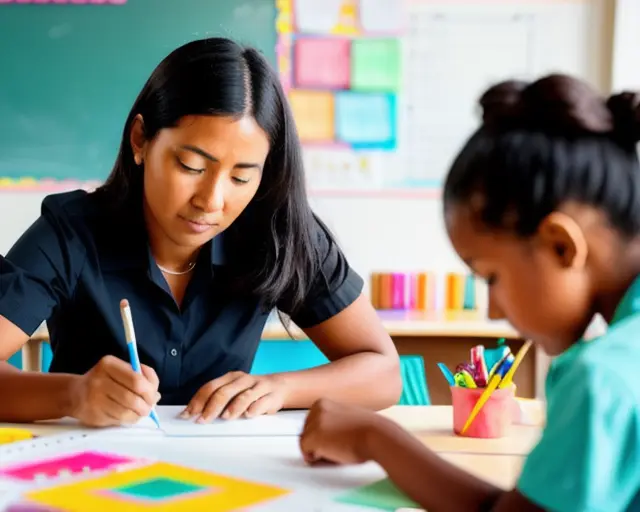 Imagen generada por Inteligencia Artificial. Una maestra y una estudiante trabajando en un aula