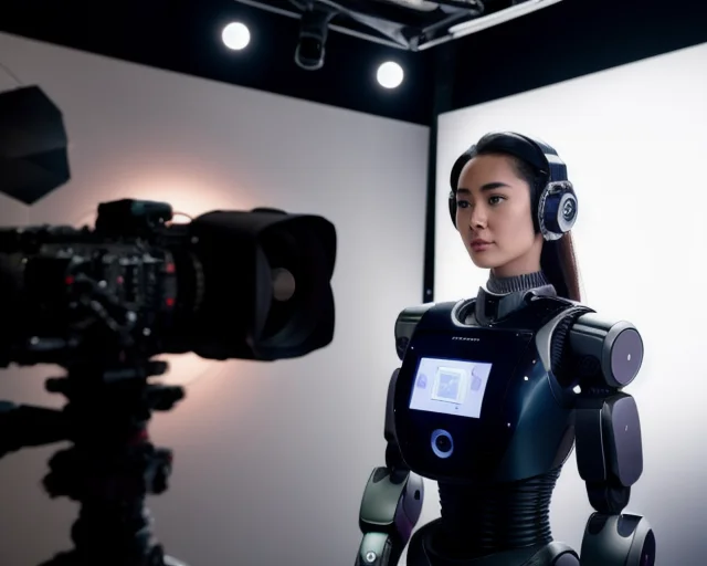 Imagen generada con Inteligencia Artificial. Robot de aspecto humano femenino trabajando como operadora de cámara en un estudio de grabación