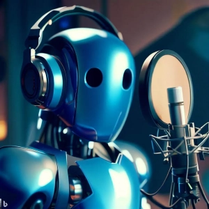 Imagen generada con IA. Robot hecho de metal azulado grabando un audio con un micrófono