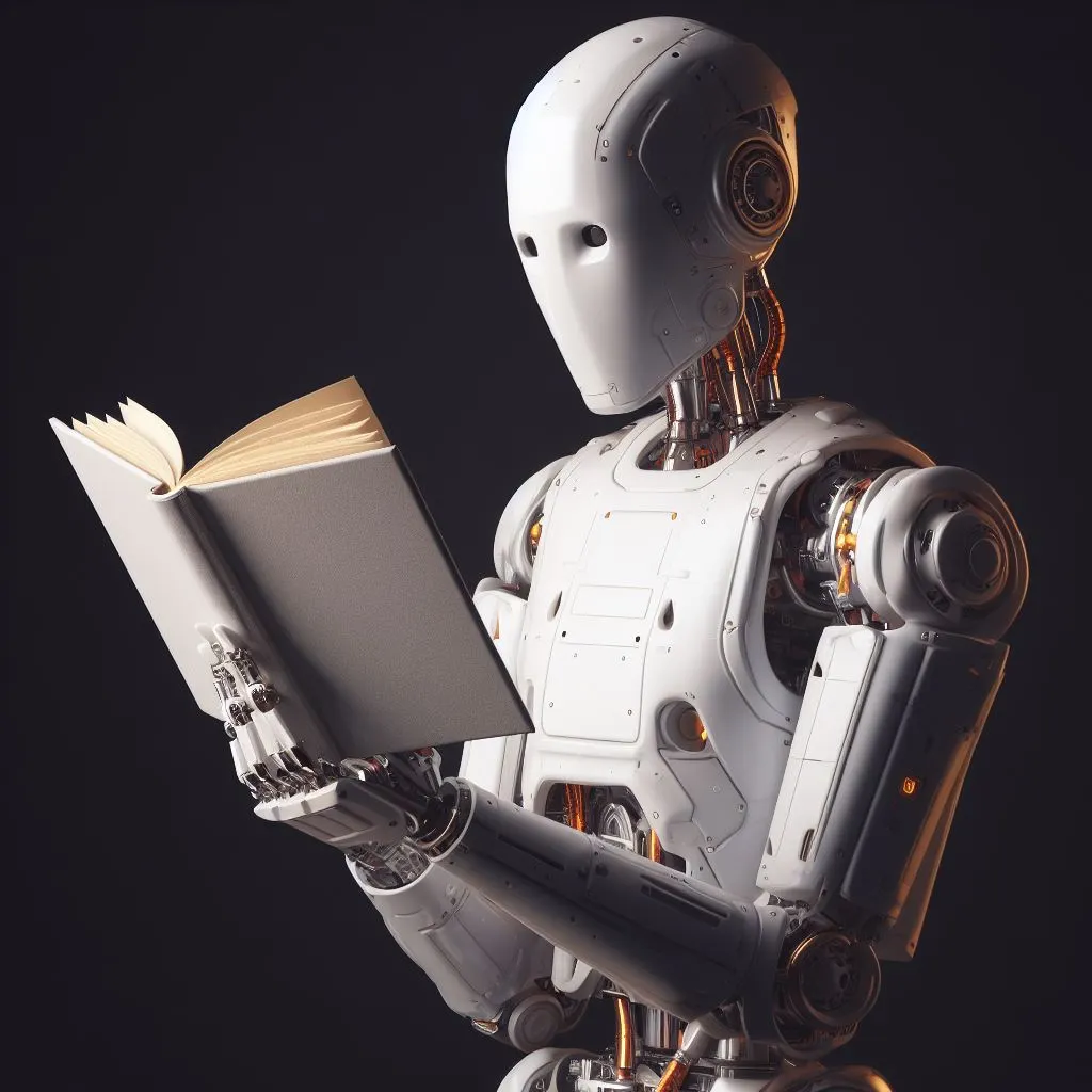 Imagen generada con Inteligencia Artificial. Ilustración de un robot en la leyendo un libro