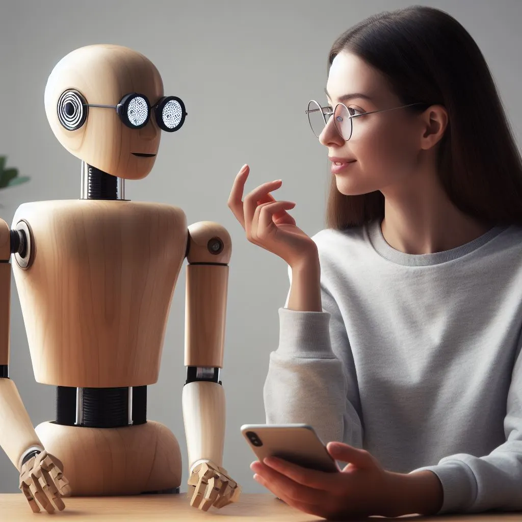 Imagen generada con IA. Un robot hecho de madera charlando con una mujer.
