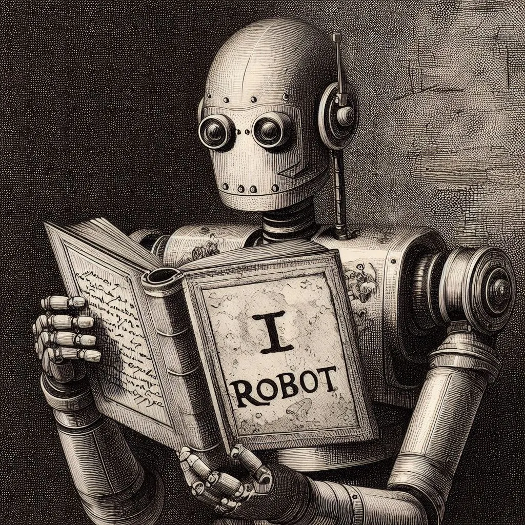 Imagen generada con IA. Robot metálico leyendo el libro "I, robot". Estilo de grabado artístico