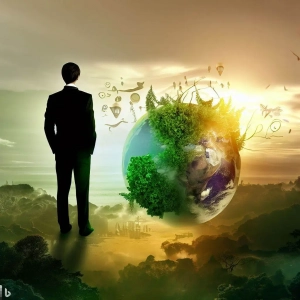 Imagen generada por ordenador. En un fondo de selva, un hombre de espaldas mirando a un planeta Tierra flotando en el aire