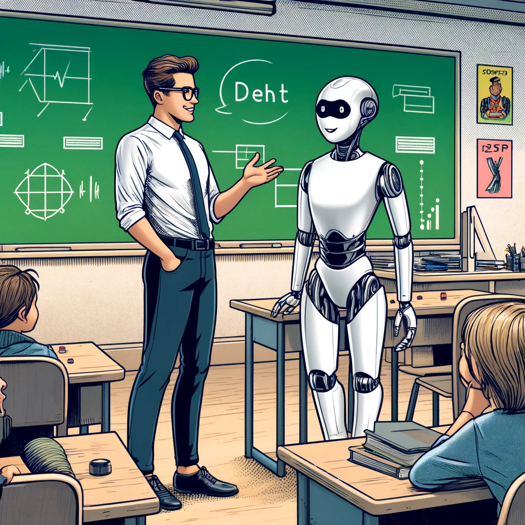 Imagen generada con IA. Un profesor charla con un robot en el aula. Estilo cómic.