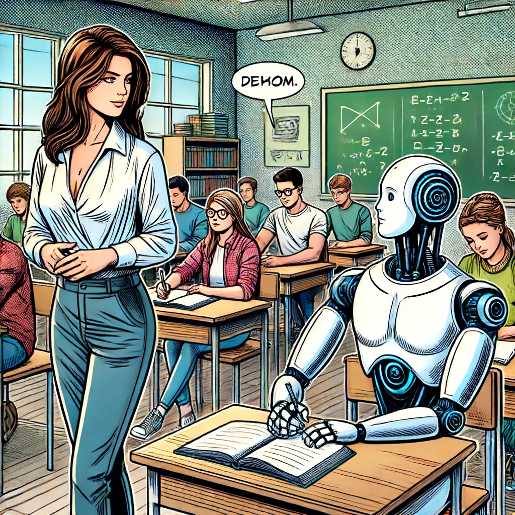 Imagen generada con IA. Una profesora charla con un robot humanoide en un aula. Estilo cómic