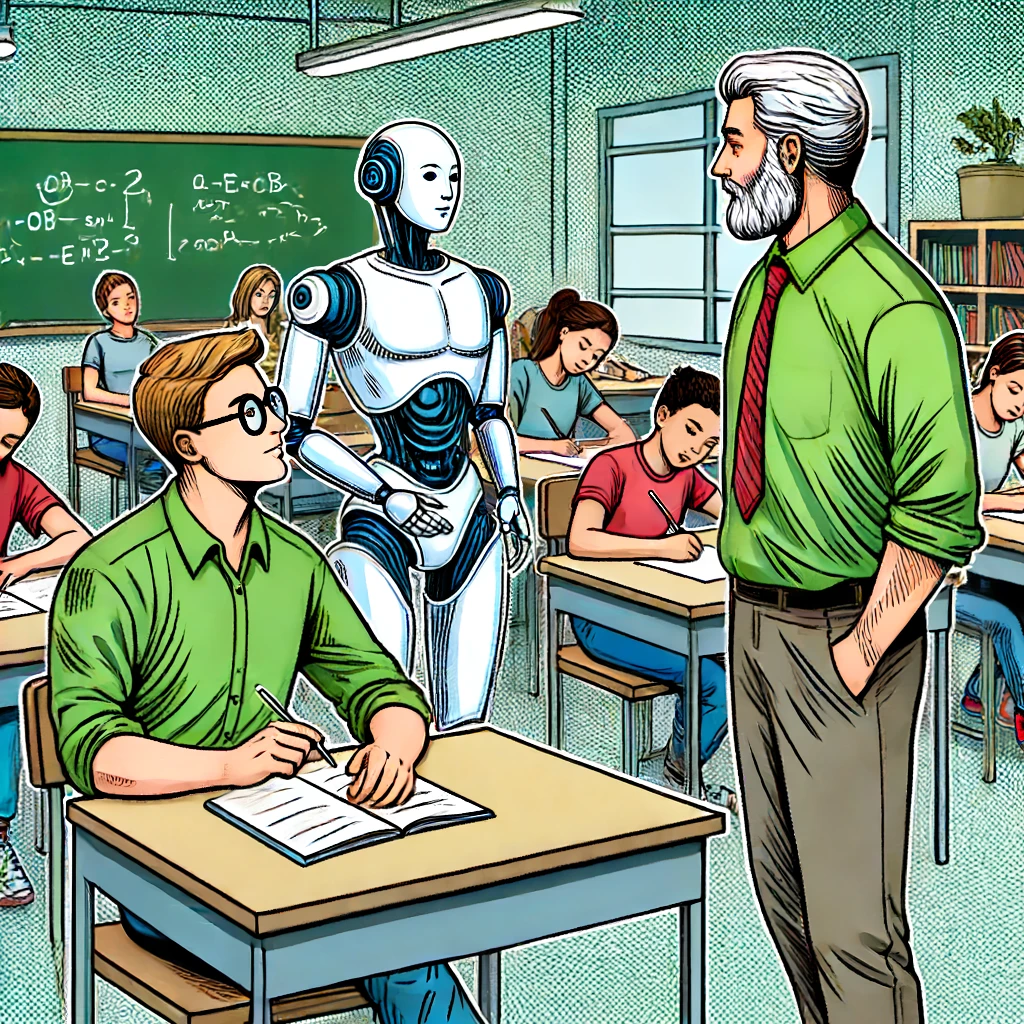 Imagen generada con IA. Un profesor charla con un robot humanoide en un aula. Estilo cómic