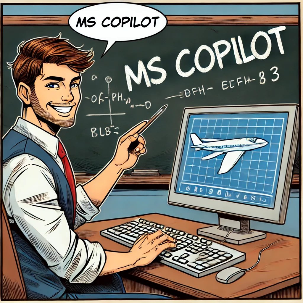Imagen generada con IA. Profesor en el aula trabajando con el ordenador, con el texto "MS COPILOT" escrito en la pizarra y el profesor sonriendo, en estilo cómic y formato cuadrado.