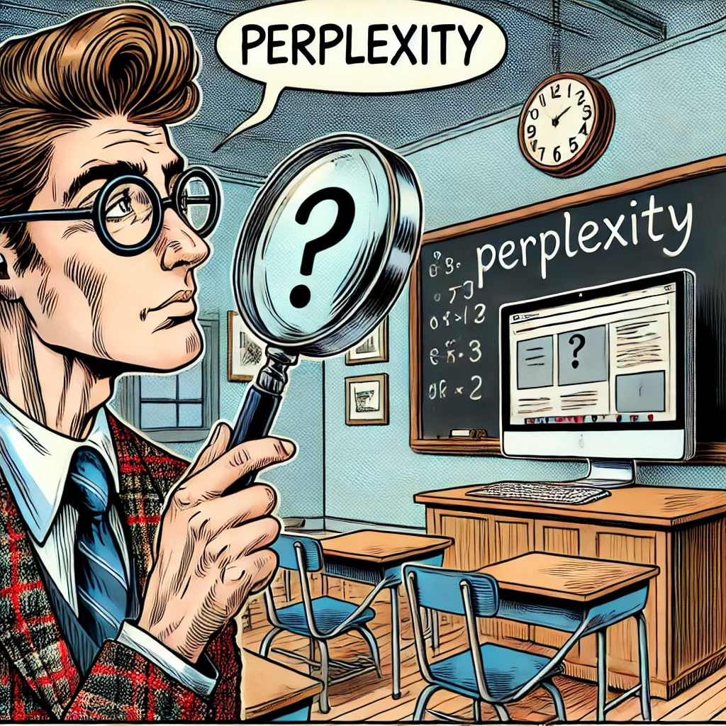 Imagen generada con IA. Profesor en el aula con una lupa, mirando la pantalla del ordenador y con la palabra "PERPLEXITY" escrita en la pizarra, en estilo de cómic