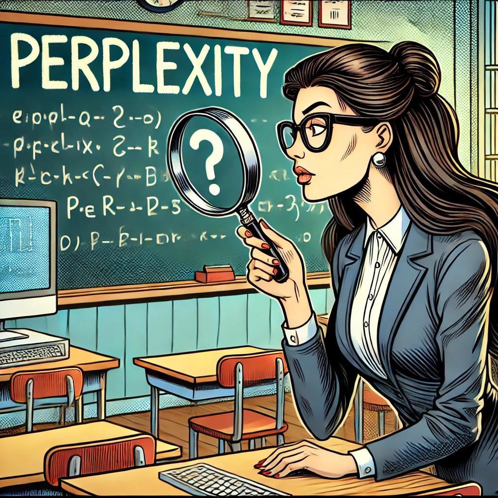 Imagen generada con IA. Profesora en el aula con una lupa, mirando la pantalla del ordenador y con la palabra "PERPLEXITY" escrita en la pizarra, en estilo de cómic