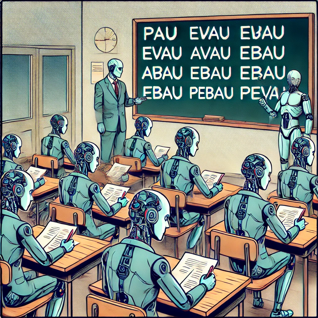 Imagen generada con IA. Cyborgs están en un aula escribiendo sobre unos papeles, en la pizarra se lee en texto: "PAU, EvAU, AVAU, EBAU, PEvAU"