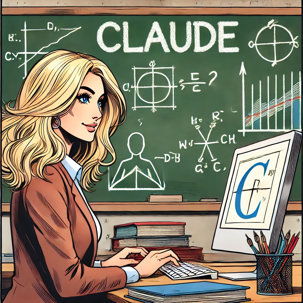 Imagen generada con IA. Una profesora usando un ordenador en un aula. En la pizarra se lee "CLAUDE" escrito con tiza y otros diagramas. Estilo de cómic.