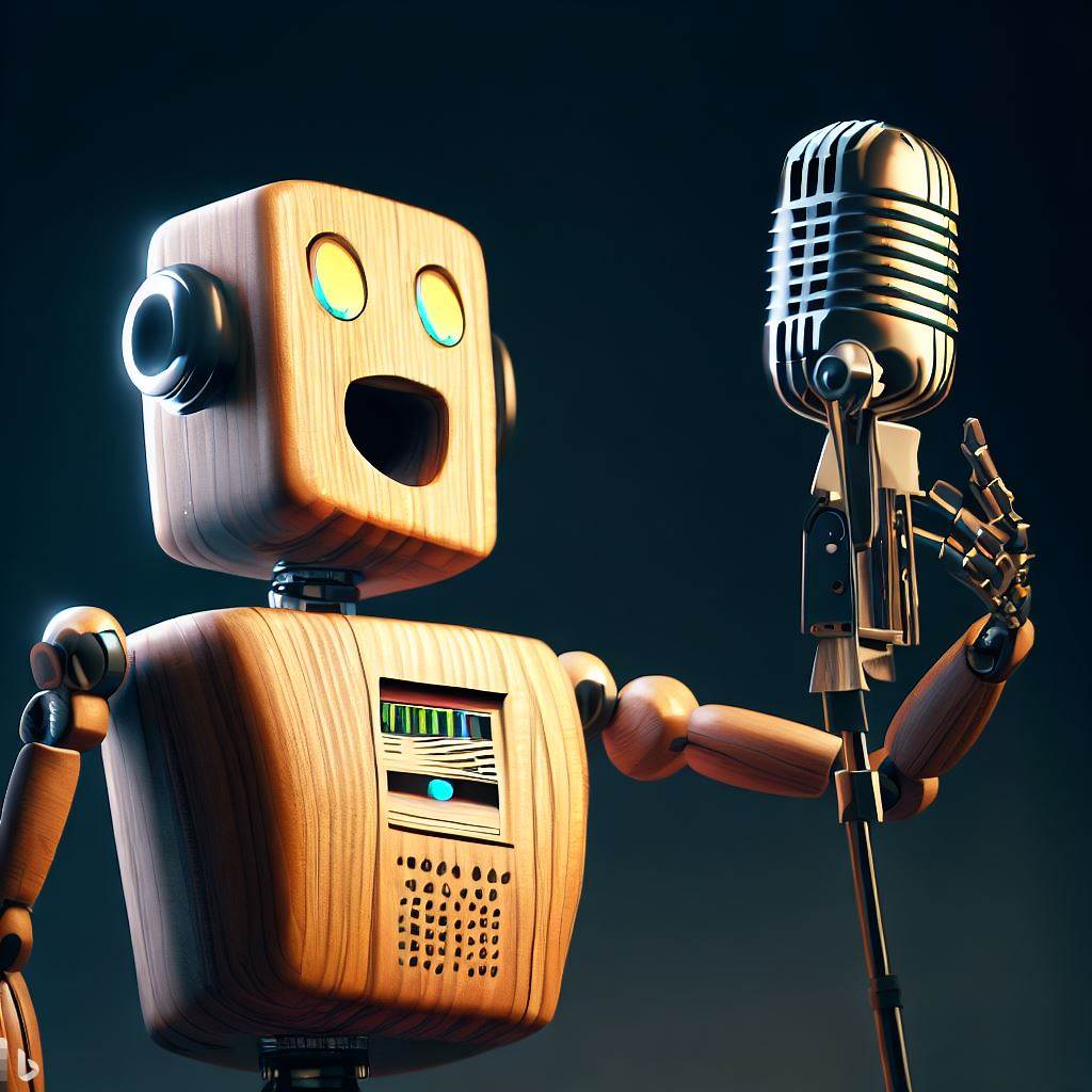 Imagen generada con IA. Un robot de madera hablando a un micrófono. Estilo realista