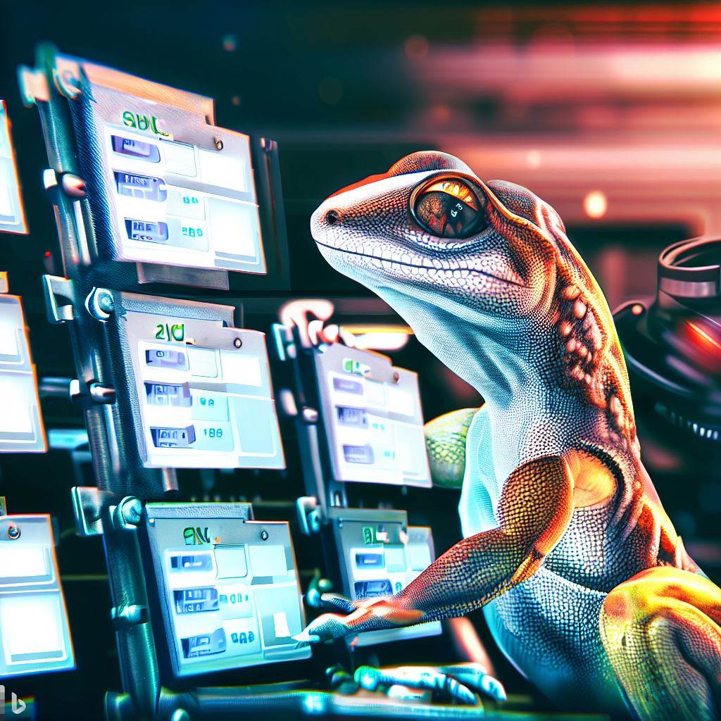 Imagen generada con IA. Un lagarto usando unas pantallas de ordenador. Estilo realista