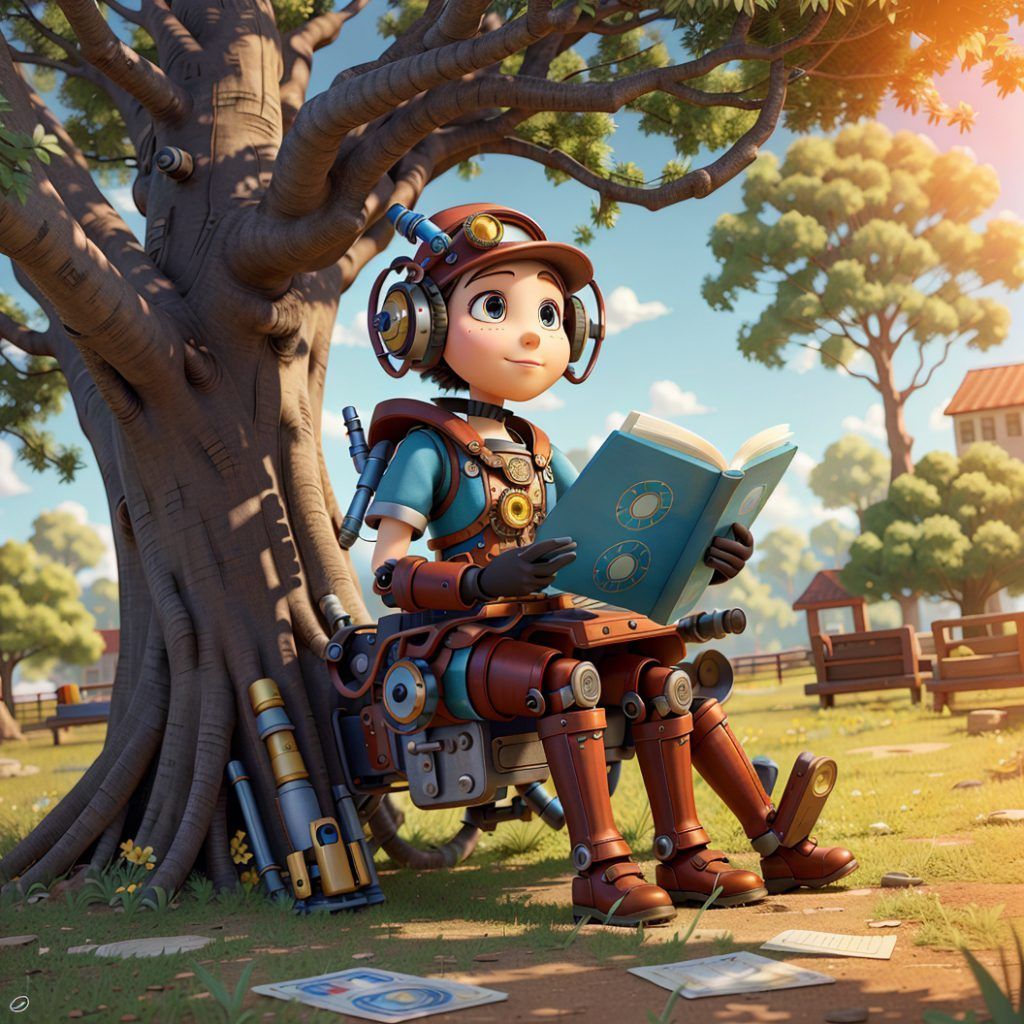 Imagen generada con IA. Un robot retrofuturista leyendo un libro a la sombra de un árbol. Estilo de ilustración de libro.