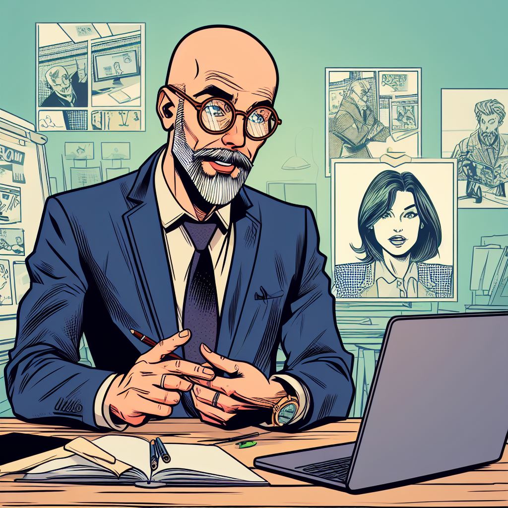 Imagen generada con IA. Un profesor realizando una entrevista online mediante un ordenador. Estilo cómic.

