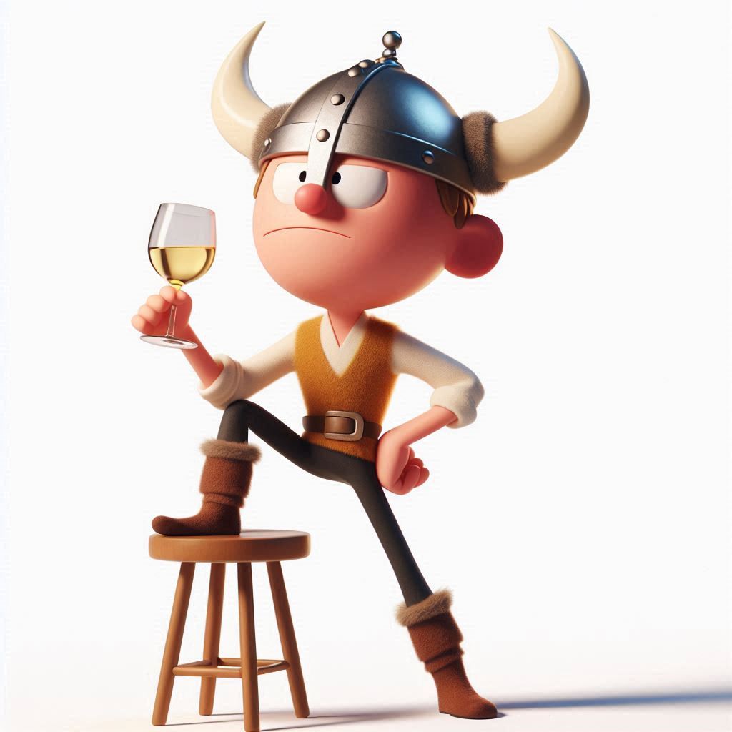 Imagen generada con IA (DALL-E). Una persona subida con una pierna sobre una silla con una copa de vino blanco en la mano y casco de vikingo. Estilo de película de animación