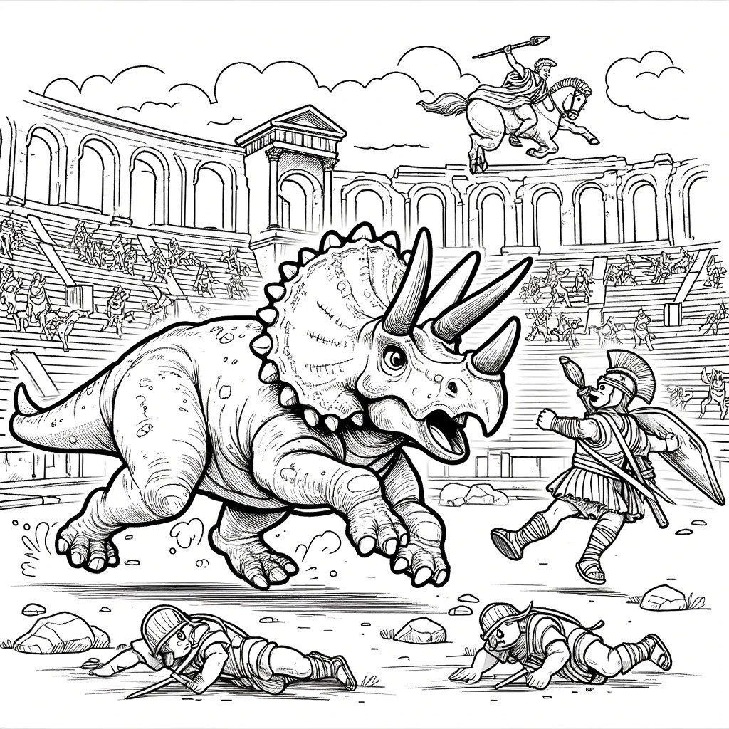 Imagen generada con IA. Un triceratops y unos soldados romanos en un teatro romano