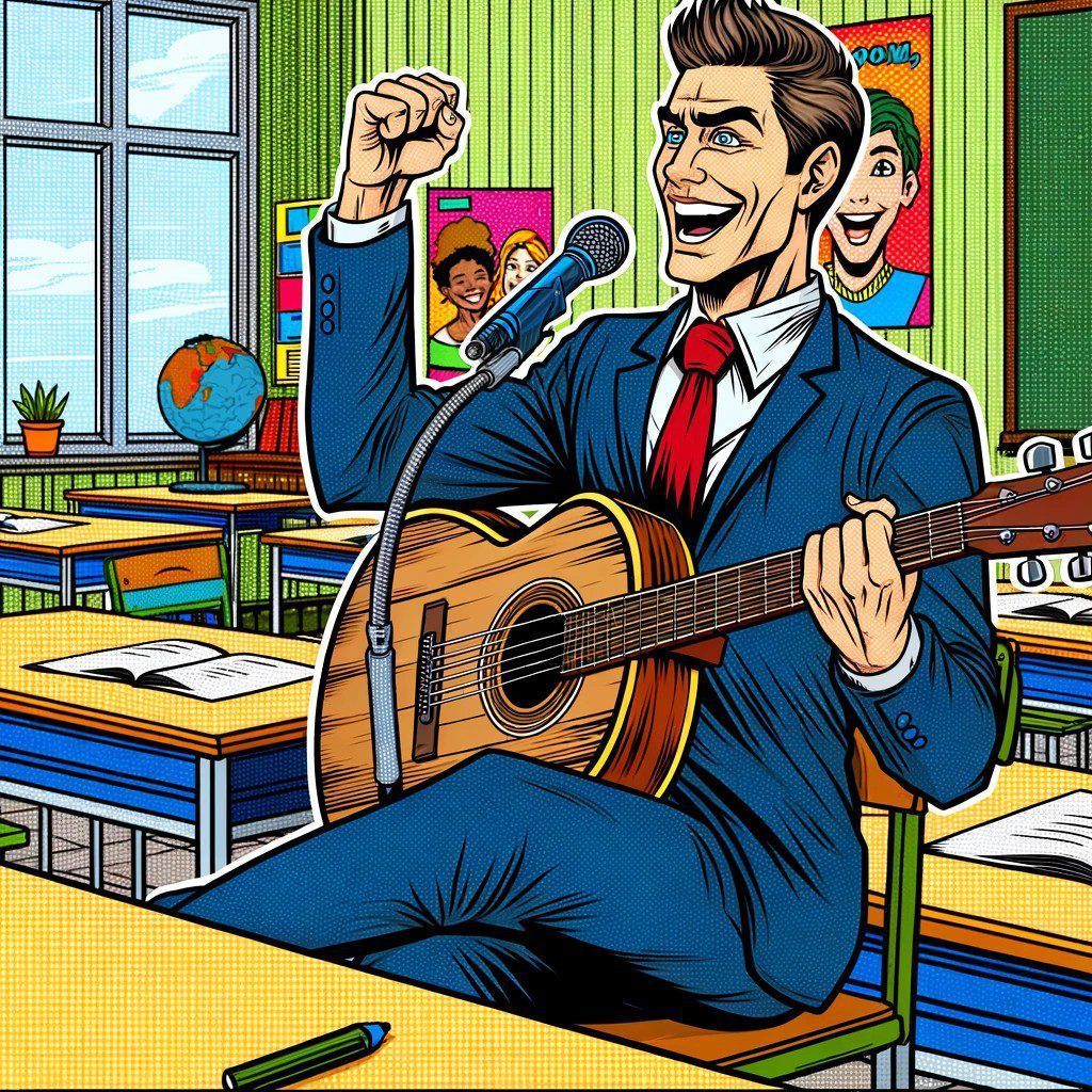 Imagen generada con IA. Un profesor con una guitarra y un micrófono, cantando en un aula. Estilo cómic.