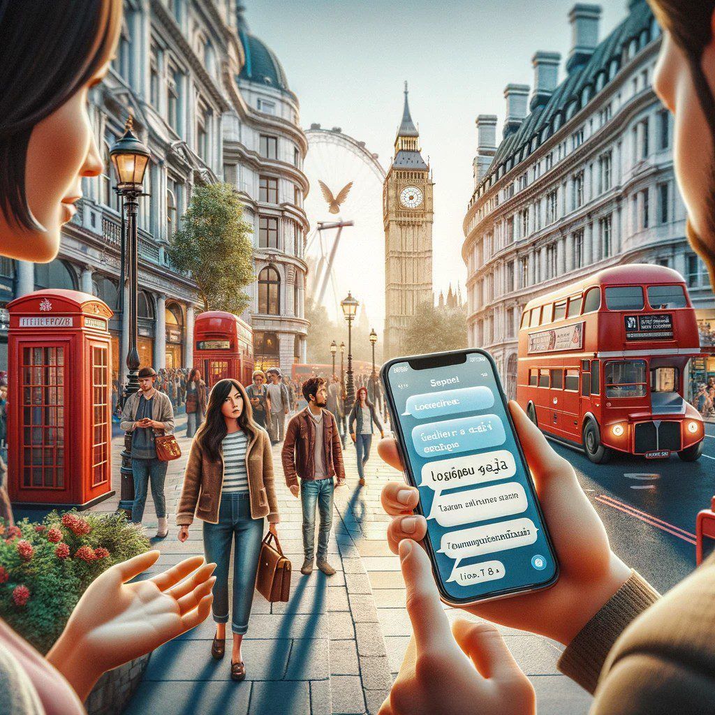 Imagen generada con IA. Dos personas usando un teléfono móvil en una calle de Londres. Estilo de ilustración.